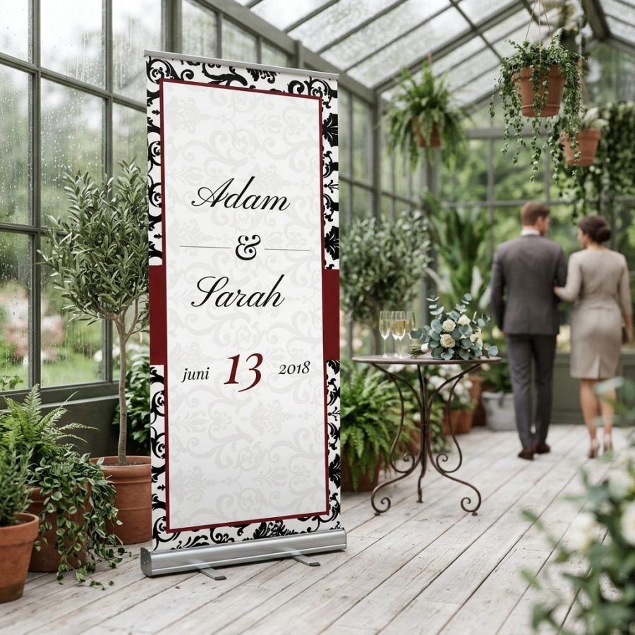 Luxe welkomstbanner bruiloft Black Red zwart rood Black& Red welkomstbord bruiloft - sfeerfoto feestlocatie