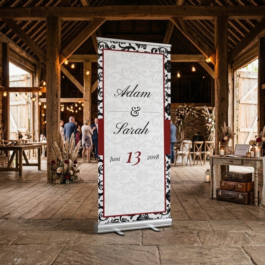 Luxe welkomstbanner bruiloft Black Red zwart rood Black& Red welkomstbord bruiloft - sfeerfoto ontvangstruimte
