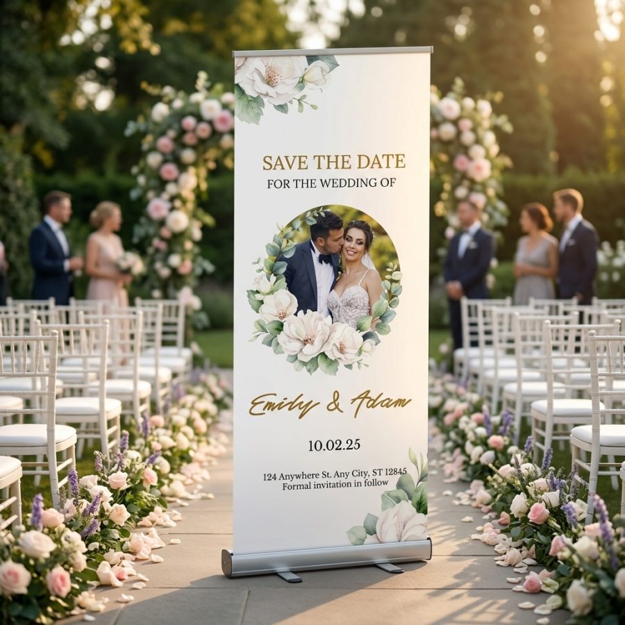 Welkomstbord bruiloft met eigen foto BlissFrame BlissFrame welkomstbord bruiloft - sfeerfoto ontvangstruimte