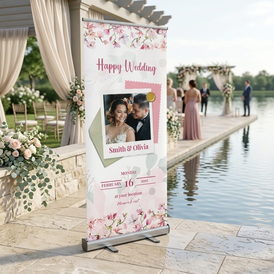 Trouwbanner bruiloft Bride Romance Bride Romance welkomstbord bruiloft - sfeerfoto ontvangstruimte