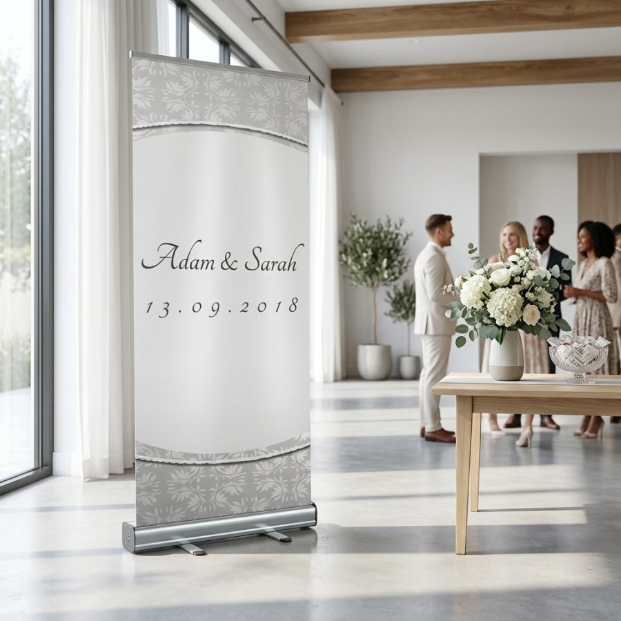 Luxe welkomstbanner bruiloft Curved silver zilver Curved silver welkomstbord bruiloft - sfeerfoto ceremonie
