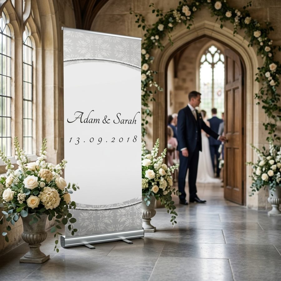Luxe welkomstbanner bruiloft Curved silver zilver Curved silver welkomstbord bruiloft - sfeerfoto feestlocatie