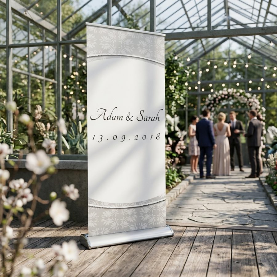 Luxe welkomstbanner bruiloft Curved silver zilver Curved silver welkomstbord bruiloft - sfeerfoto ontvangstruimte