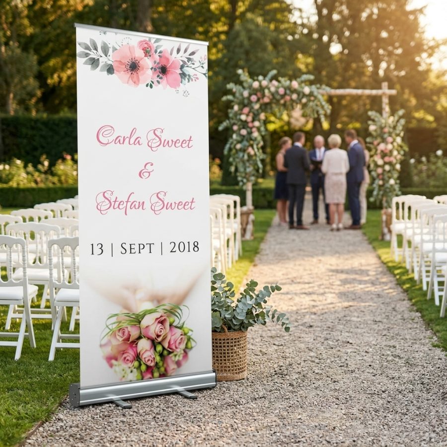 Bloemen welkomstbord bruiloft Double flower Double flower welkomstbord bruiloft - sfeerfoto ceremonie