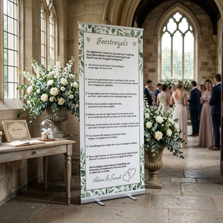 Feestregels bruiloft banner versie 2 feestreglement Versie 2 welkomstbord bruiloft - sfeerfoto ceremonie