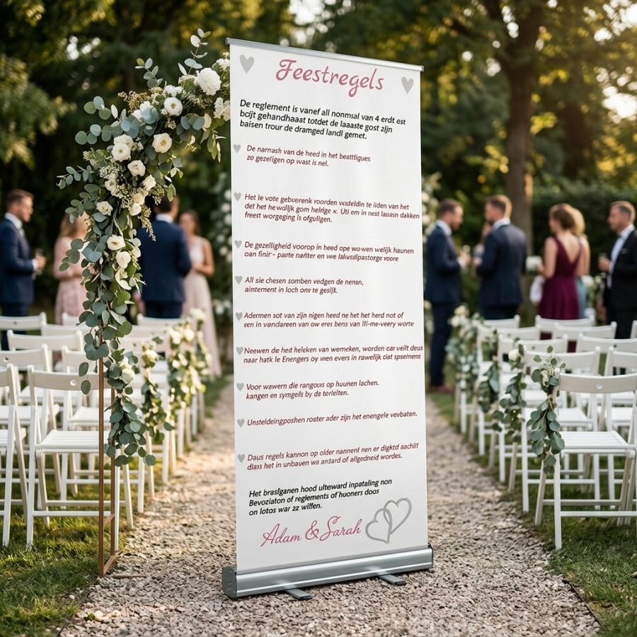 Feestregels bruiloft banner versie 2 feestreglement Versie 2 welkomstbord bruiloft - sfeerfoto feestlocatie