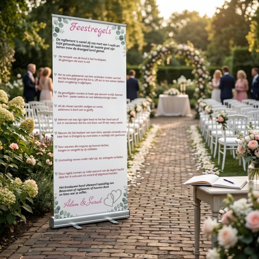 Feestregels bruiloft banner versie 2 feestreglement Versie 2 welkomstbord bruiloft - sfeerfoto ontvangstruimte