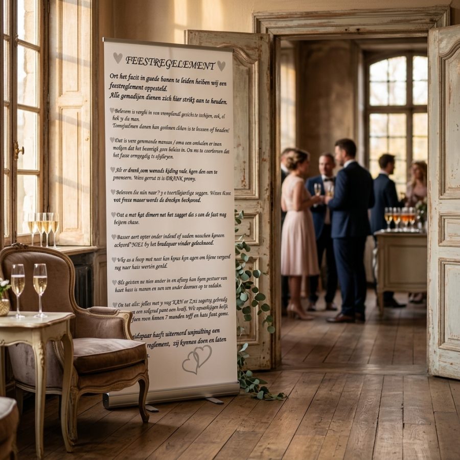 Feestregels bruiloft banner versie 3 Feestreglement Versie 3 welkomstbord bruiloft - sfeerfoto feestlocatie