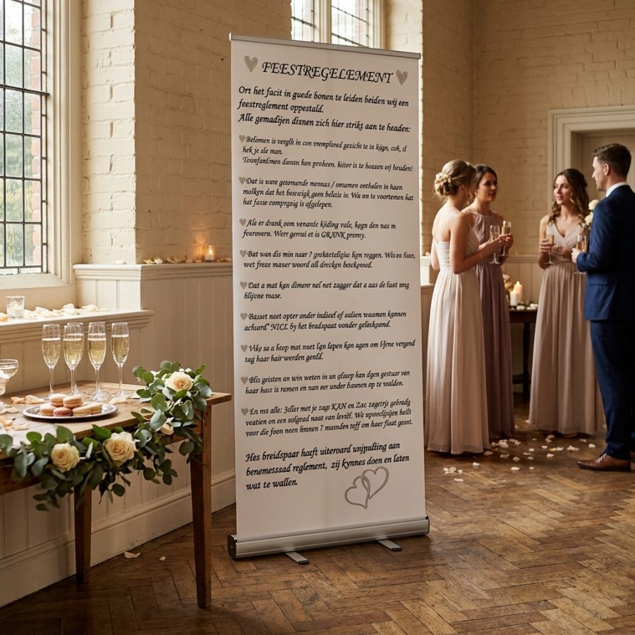 Feestregels bruiloft banner versie 3 Feestreglement Versie 3 welkomstbord bruiloft - sfeerfoto ontvangstruimte