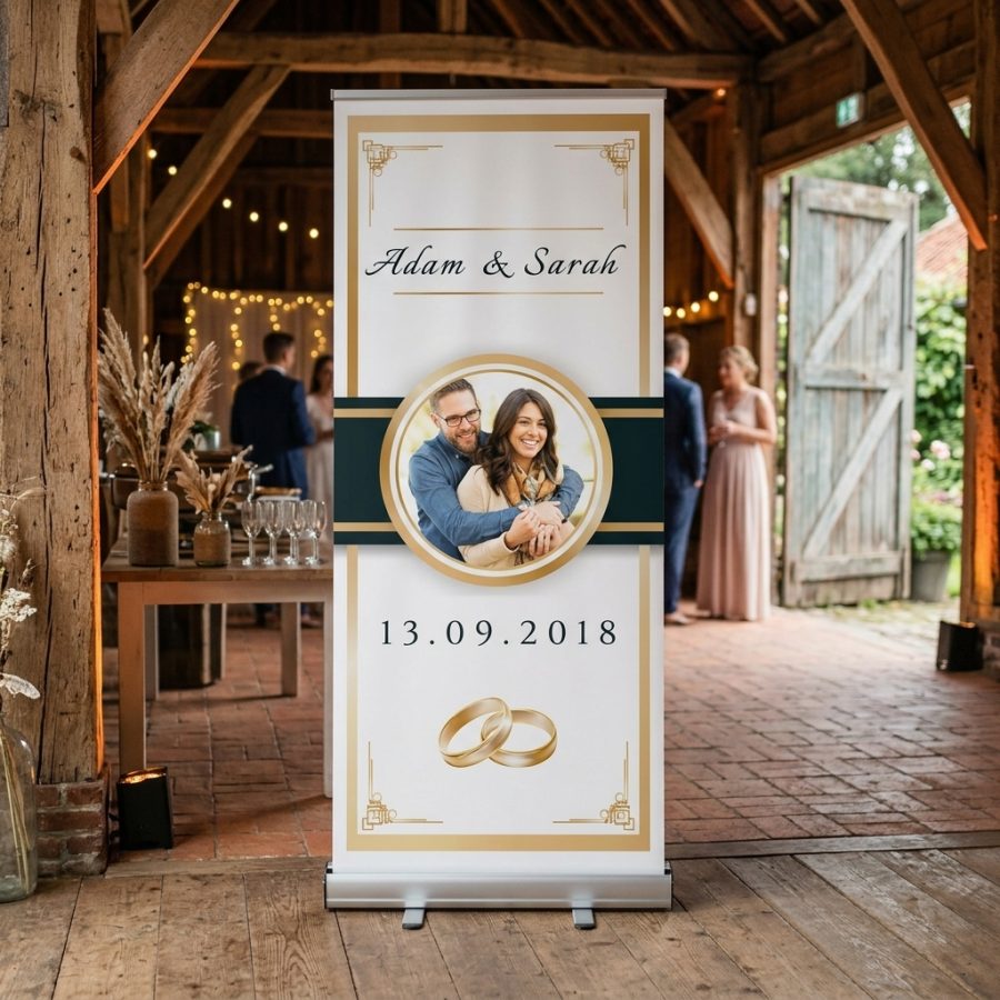 Welkomstbord bruiloft met eigen foto Golden photo frame goud Golden photo frame welkomstbord bruiloft - sfeerfoto feestlocatie