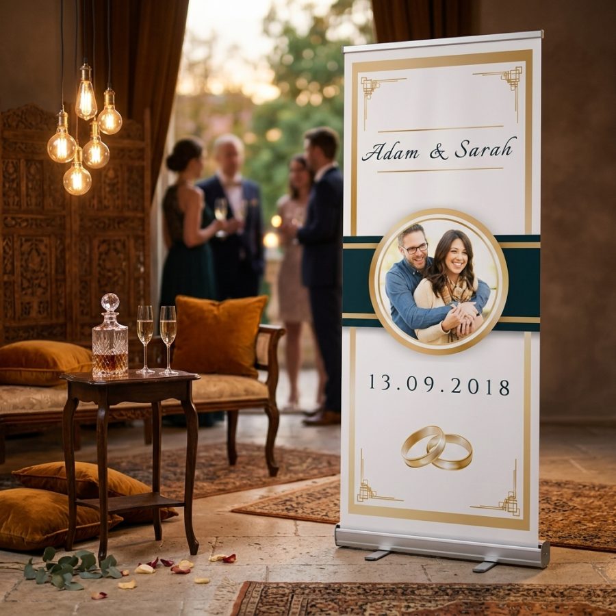 Welkomstbord bruiloft met eigen foto Golden photo frame goud Golden photo frame welkomstbord bruiloft - sfeerfoto ontvangstruimte