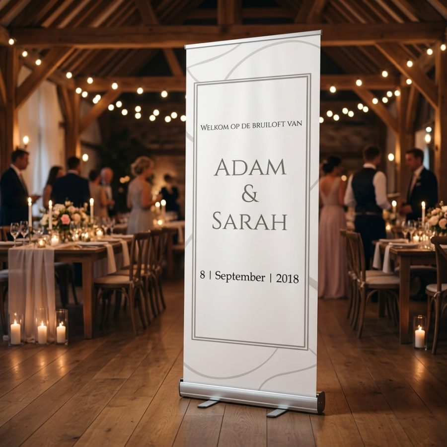 Luxe welkomstbanner bruiloft Grayline grijs Grayline welkomstbord bruiloft - sfeerfoto feestlocatie