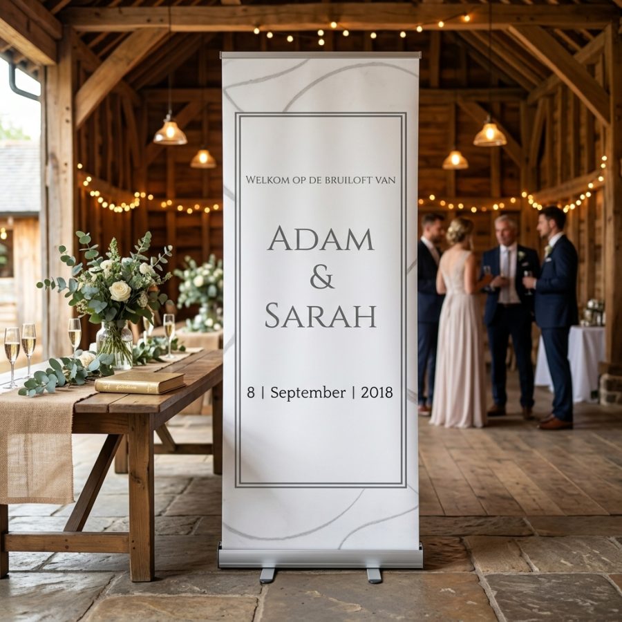 Luxe welkomstbanner bruiloft Grayline grijs Grayline welkomstbord bruiloft - sfeerfoto ontvangstruimte