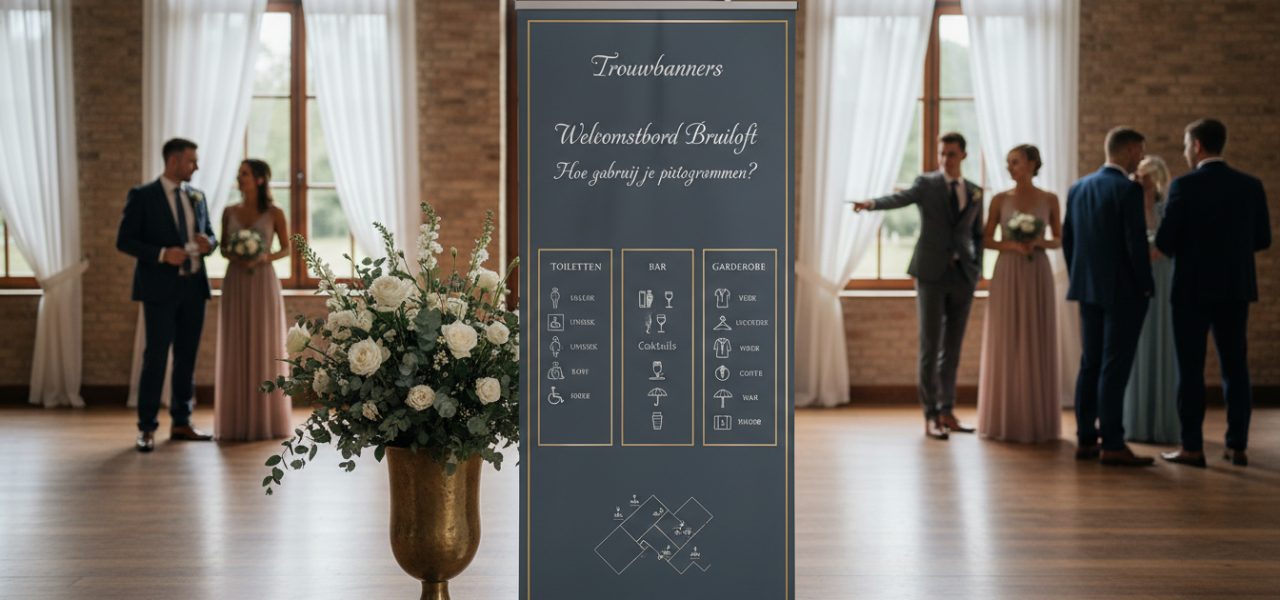 Trouwbanners Welkomstbord Hoe gebruik je pictogrammen voor toiletten, bar en garderobe?