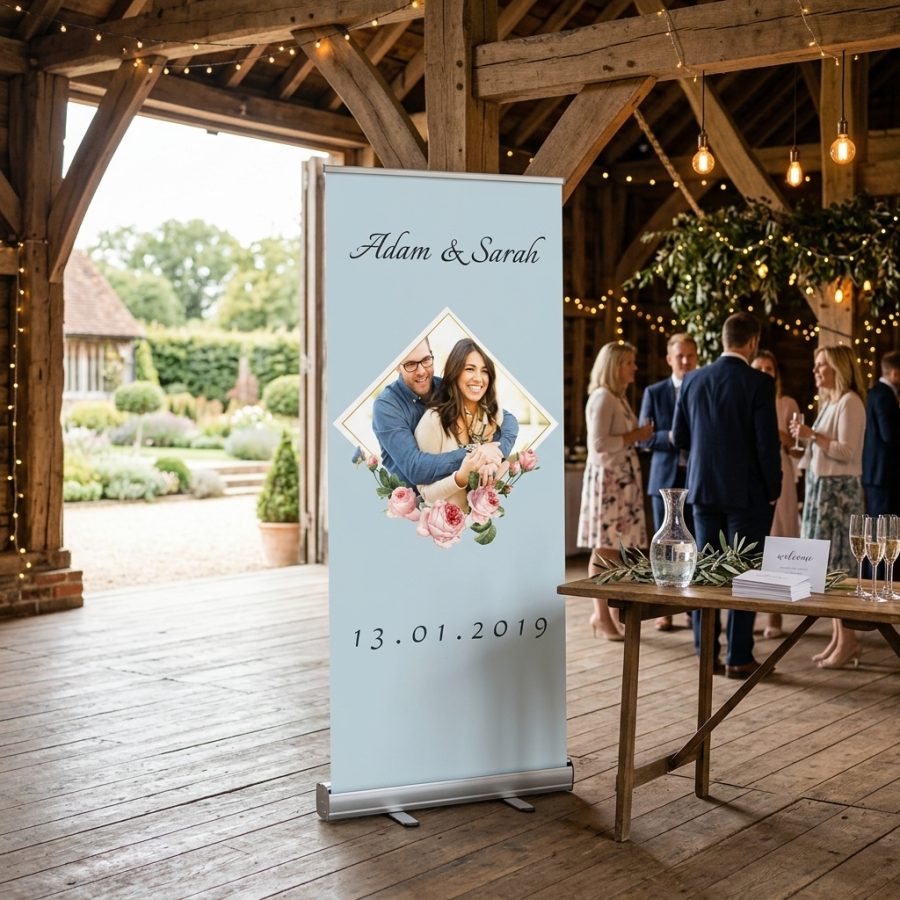 Welkomstbord bruiloft met foto Middle Picture Middle Picture welkomstbord bruiloft - sfeerfoto ontvangstruimte