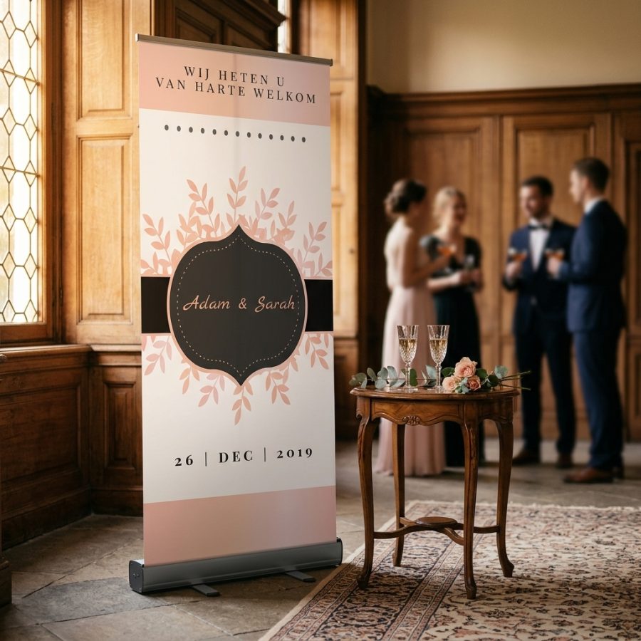 Bloemen welkomstbord bruiloft Pink Leaves roze Pink Leaves welkomstbord bruiloft - sfeerfoto feestlocatie