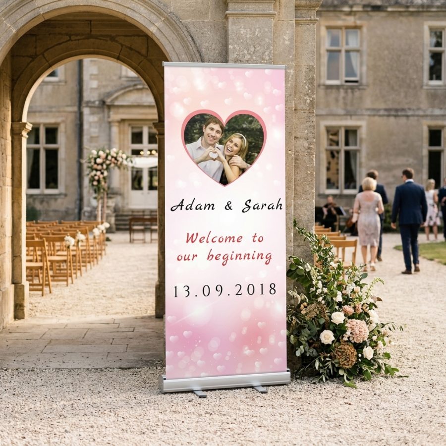 Welkomstbord bruiloft met eigen foto Pinky - Eigen foto roze Pinky – Eigen foto welkomstbord bruiloft - sfeerfoto ceremonie