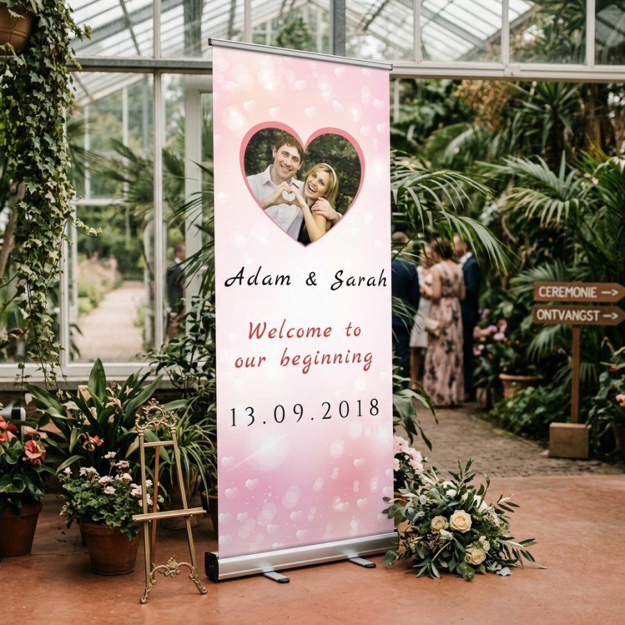 Welkomstbord bruiloft met eigen foto Pinky - Eigen foto roze Pinky – Eigen foto welkomstbord bruiloft - sfeerfoto feestlocatie