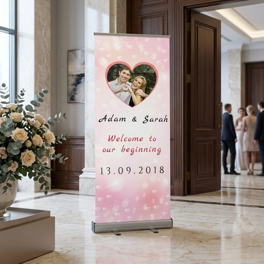 Welkomstbord bruiloft met eigen foto Pinky - Eigen foto roze Pinky – Eigen foto welkomstbord bruiloft - sfeerfoto ontvangstruimte