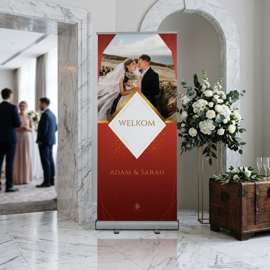 Moderne trouwbanner bruiloft Red Imperlo rood Red Imperlo welkomstbord bruiloft - sfeerfoto ceremonie