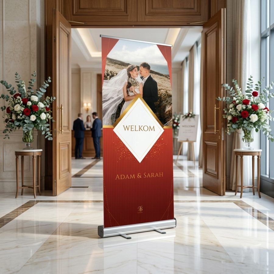Moderne trouwbanner bruiloft Red Imperlo rood Red Imperlo welkomstbord bruiloft - sfeerfoto feestlocatie