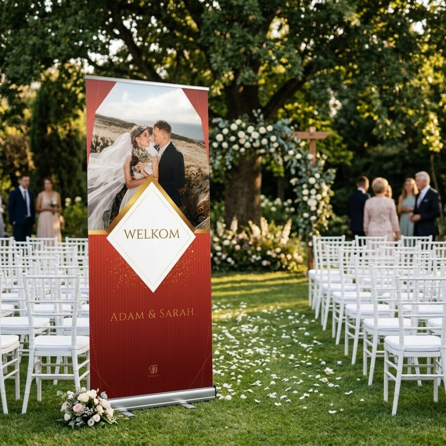 Moderne trouwbanner bruiloft Red Imperlo rood Red Imperlo welkomstbord bruiloft - sfeerfoto ontvangstruimte