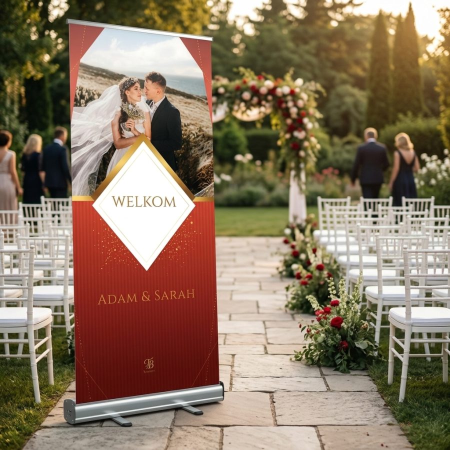 Moderne trouwbanner bruiloft Red Imperlo rood Red Imperlo welkomstbord bruiloft - uitgelichte productfoto