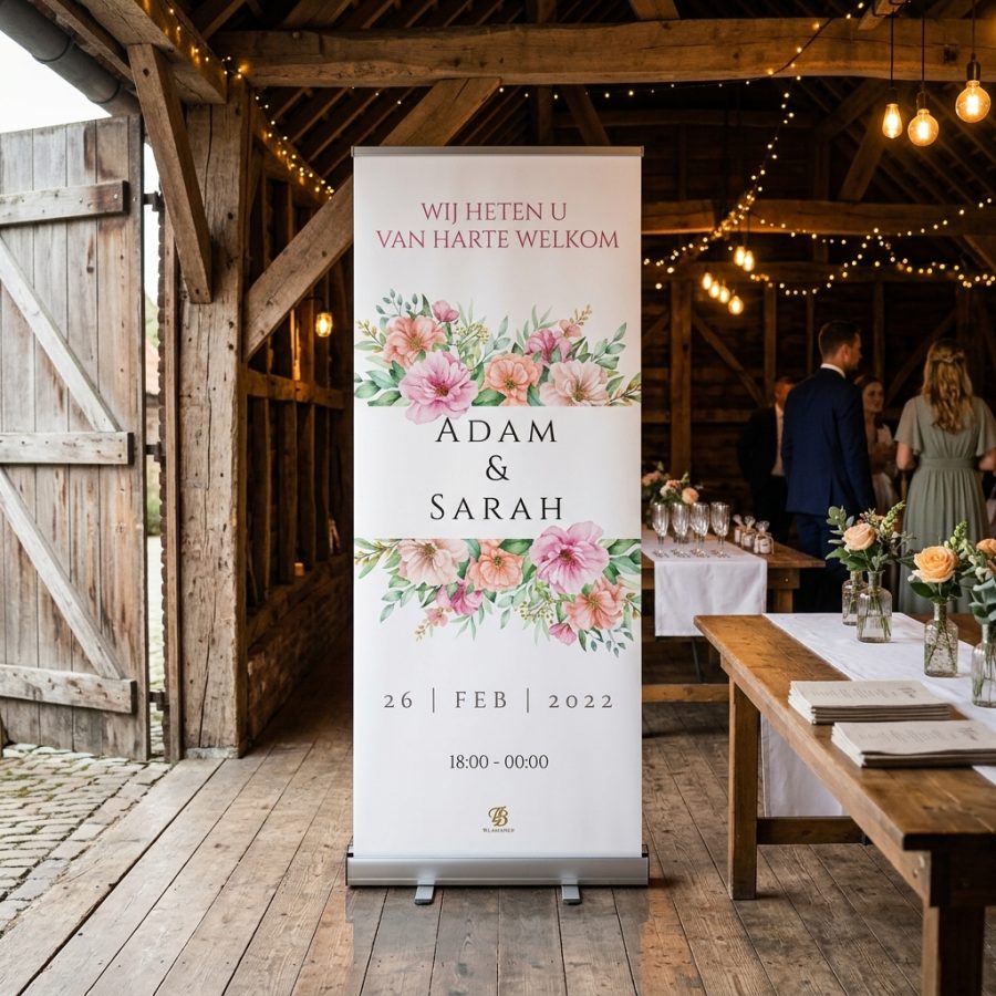 Bloemen welkomstbord bruiloft Simple double flower Simple double flower welkomstbord bruiloft - sfeerfoto ceremonie