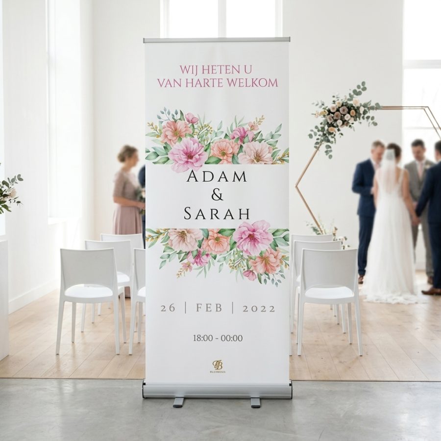 Bloemen welkomstbord bruiloft Simple double flower Simple double flower welkomstbord bruiloft - sfeerfoto feestlocatie