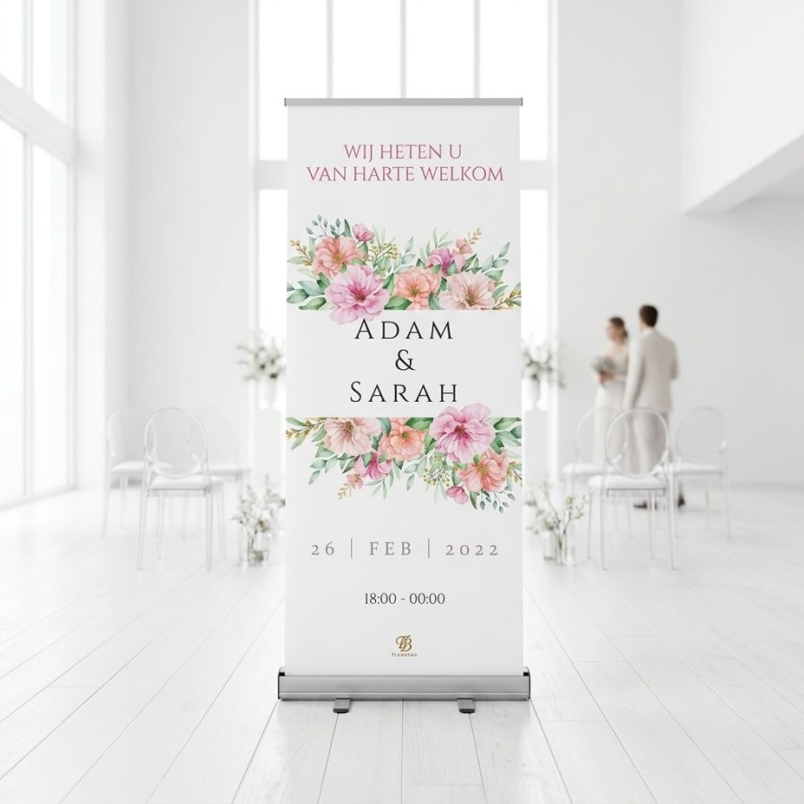 Bloemen welkomstbord bruiloft Simple double flower Simple double flower welkomstbord bruiloft - sfeerfoto ontvangstruimte