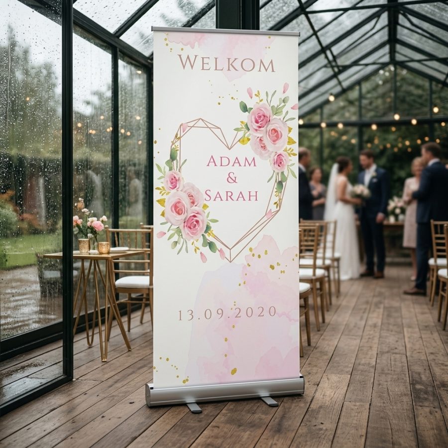 Bloemen welkomstbord bruiloft Simple flower pinky roze Simple flower pinky welkomstbord bruiloft - sfeerfoto ceremonie