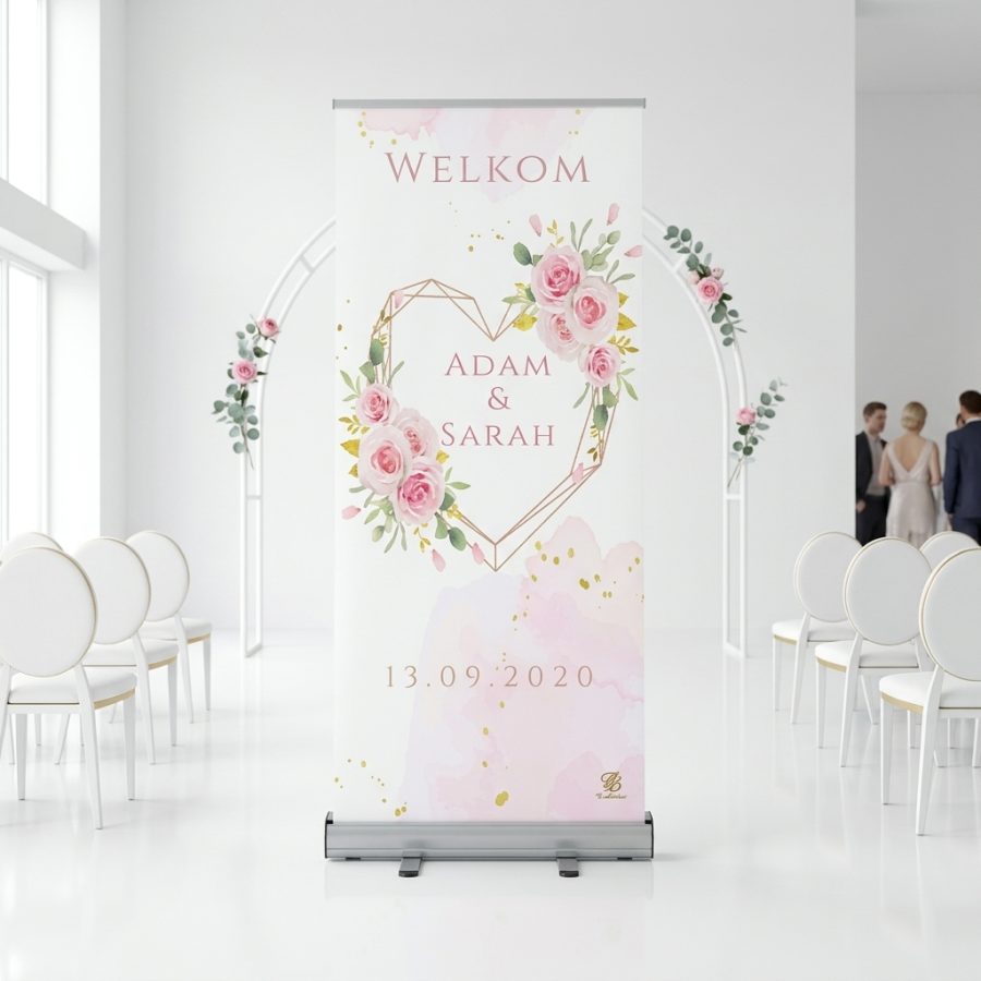 Bloemen welkomstbord bruiloft Simple flower pinky roze Simple flower pinky welkomstbord bruiloft - sfeerfoto feestlocatie