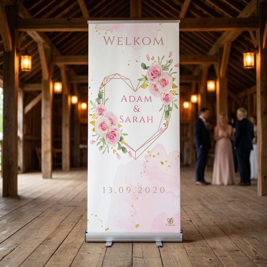 Bloemen welkomstbord bruiloft Simple flower pinky roze Simple flower pinky welkomstbord bruiloft - sfeerfoto ontvangstruimte