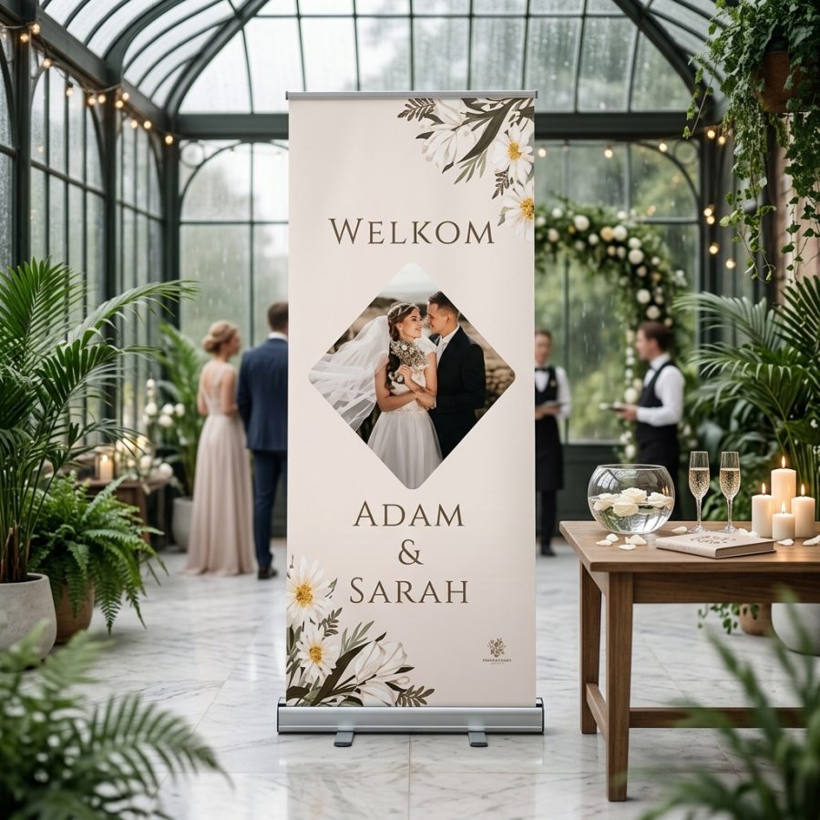 Welkomstbord bruiloft met eigen foto Simple Image Flower Simple image flower welkomstbord bruiloft - sfeerfoto feestlocatie