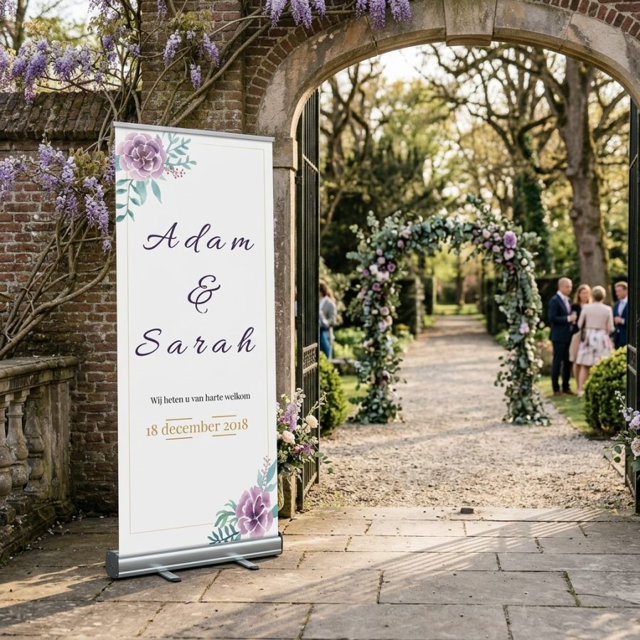 Klassiek welkomstbord bruiloft Simple purple paars Simple purple welkomstbord bruiloft - sfeerfoto ontvangstruimte