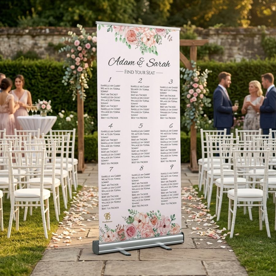 Extra groot seating plan bruiloft tafelindeling banner Table Seats+ ( Groter formaat 100 bij 200) welkomstbord bruiloft - sfeerfoto ceremonie