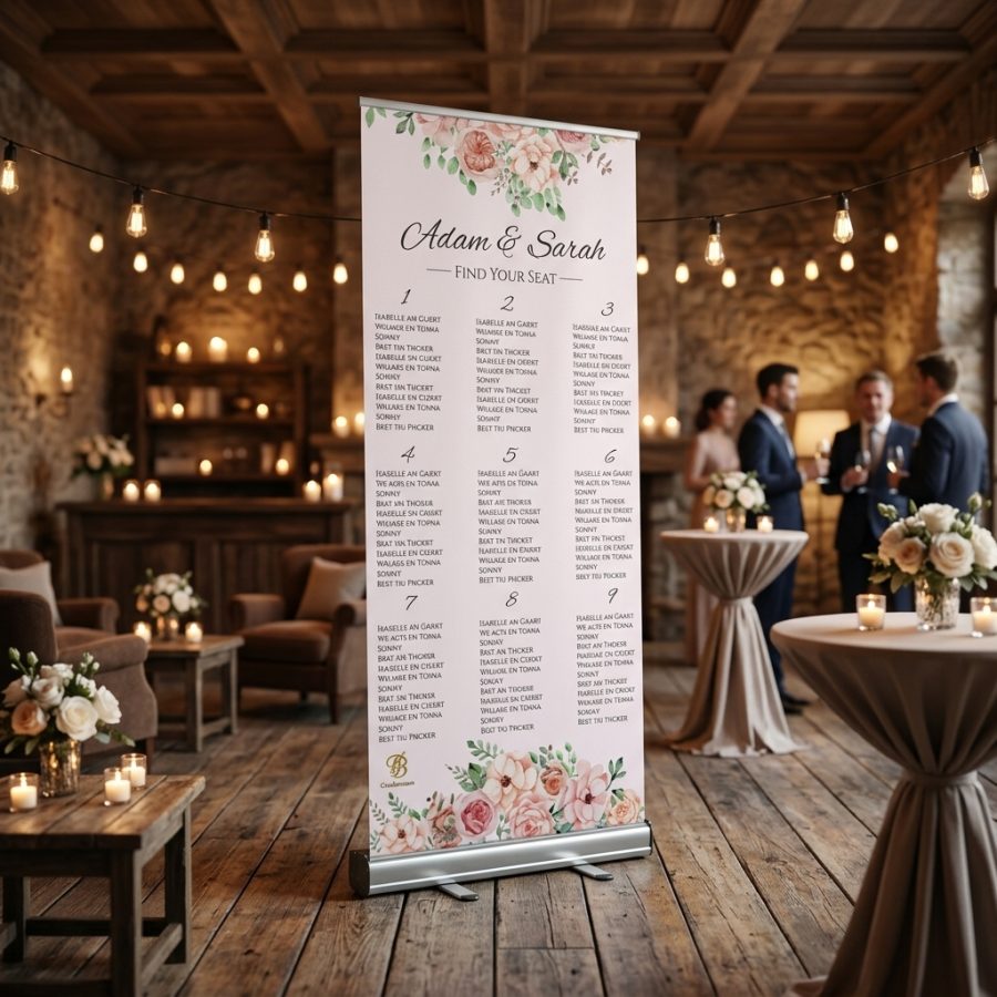 Extra groot seating plan bruiloft tafelindeling banner Table Seats+ ( Groter formaat 100 bij 200) welkomstbord bruiloft - sfeerfoto feestlocatie