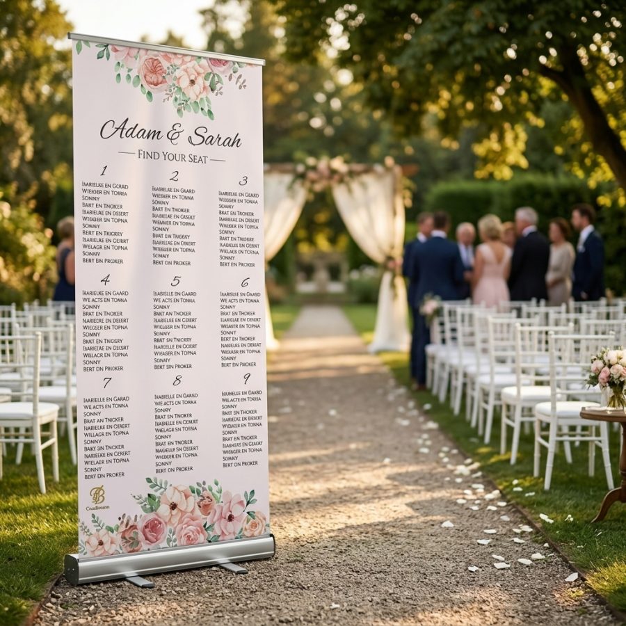 Extra groot seating plan bruiloft tafelindeling banner Table Seats+ ( Groter formaat 100 bij 200) welkomstbord bruiloft - sfeerfoto ontvangstruimte