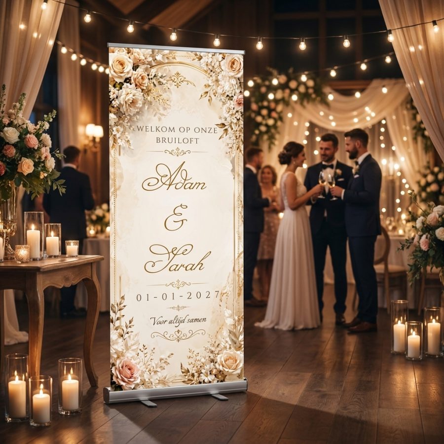 Champagne Rose Elegance Champagne Rose Elegance Wedding Welcome Sign Romantic wedding welcome sign with champagne-colored background, roses, gold details, and editable names, date, and as a featured product photo in a realistic wedding setting