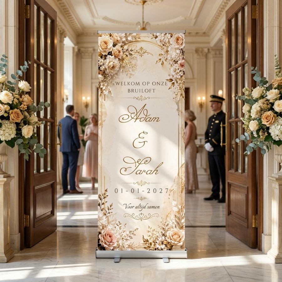 Champagne Rose Elegance Champagne Rose Elegance Wedding Welcome Sign Romantic wedding welcome sign with champagne-colored background, roses, gold details, and editable names, date, and for a ceremony or reception for a wedding