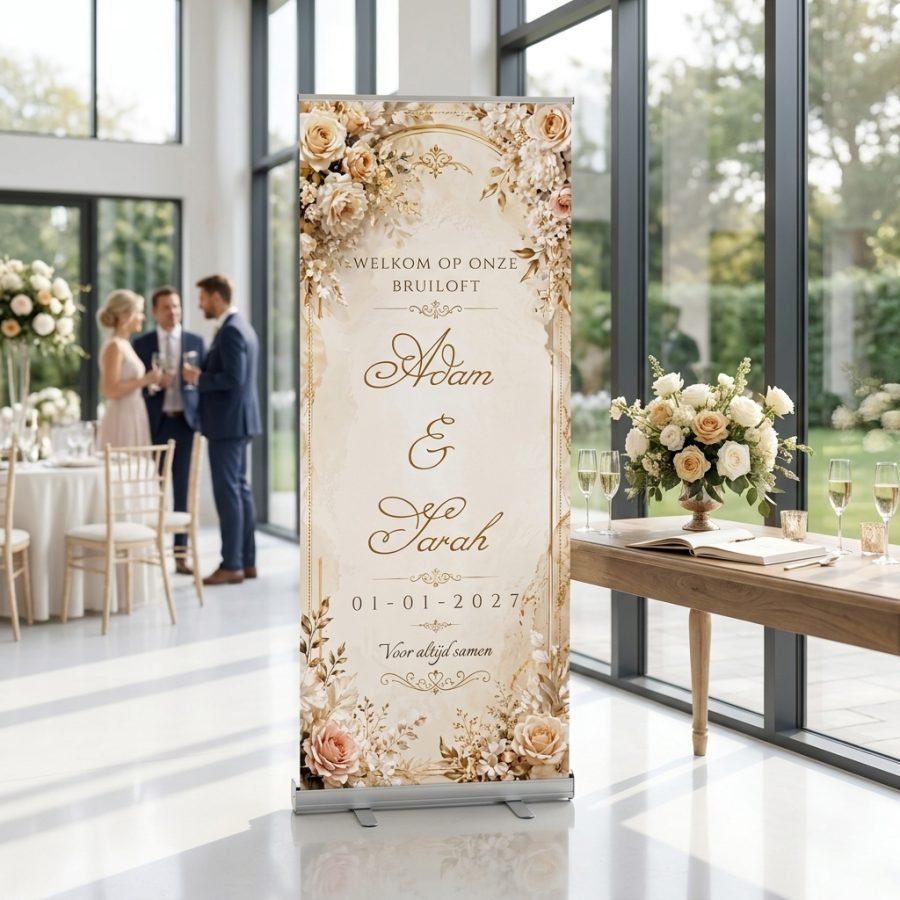 Champagne Rose Elegance Champagne Rose Elegance Wedding Welcome Sign with a romantic welcome sign for a wedding featuring a champagne-colored background, roses, gold details, and editable names and date, for a stylish reception area or party venue.