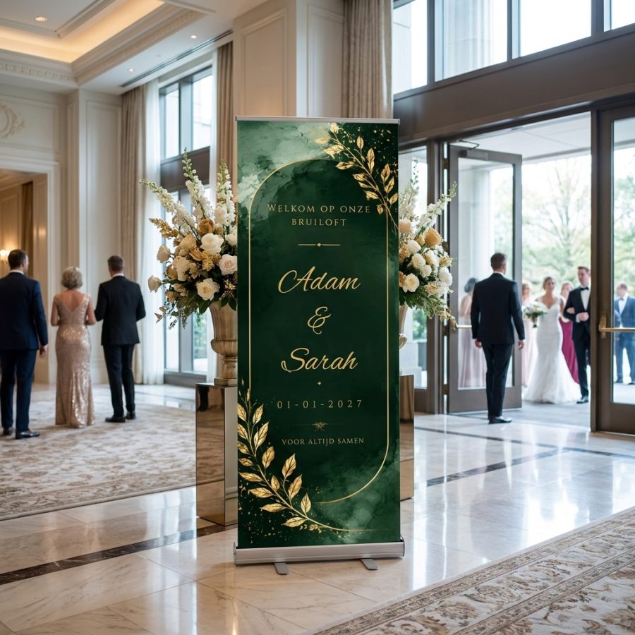 Emerald Gold Botanical Welkomstbord Bruiloft Emerald Gold Botanical Welkomstbord Bruiloft met Luxe emerald groen welkomstbord voor een bruiloft met gouden botanische details, editable namen, datum en quote. bij een ceremonie of ontvangst voor een bruiloft