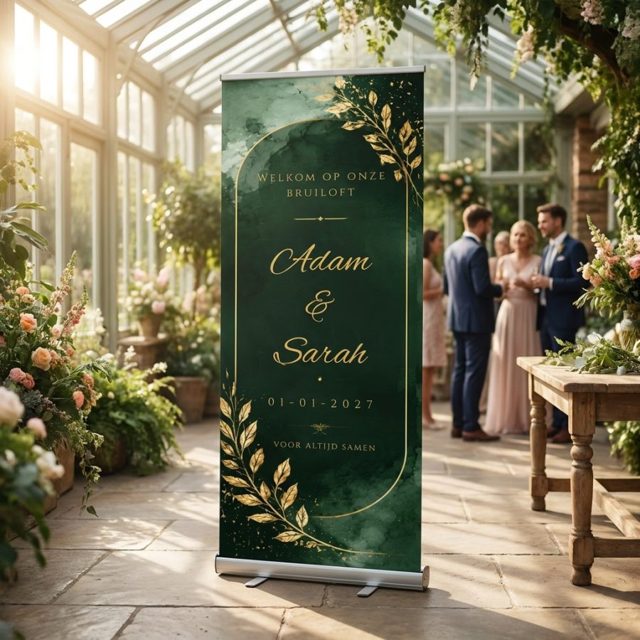 Emerald Gold Botanical Welkomstbord Bruiloft Emerald Gold Botanical Welkomstbord Bruiloft met Luxe emerald groen welkomstbord voor een bruiloft met gouden botanische details, editable namen, datum en quote. in een romantische trouwsetting met premium uitstraling