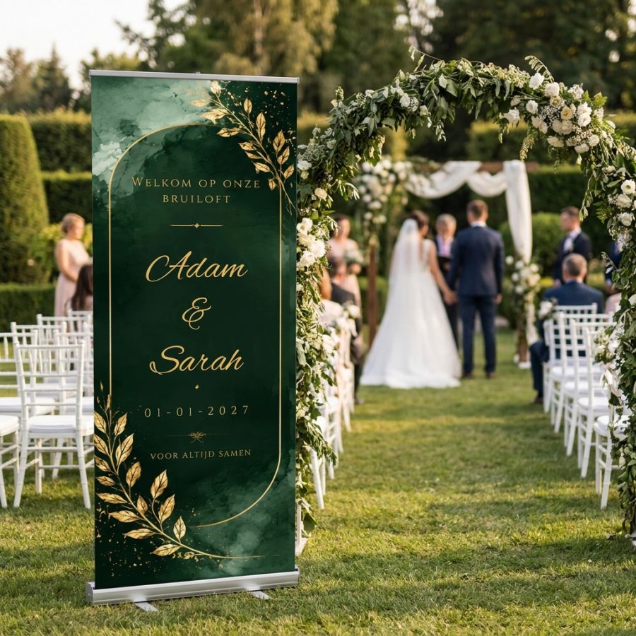 Emerald Gold Botanical Welkomstbord Bruiloft Emerald Gold Botanical Welkomstbord Bruiloft met Luxe emerald groen welkomstbord voor een bruiloft met gouden botanische details, editable namen, datum en quote. in een stijlvolle ontvangstruimte of feestlocatie