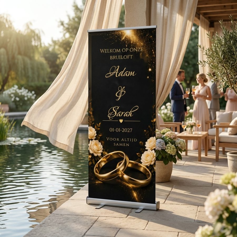Golden Rose Rings Wedding Banner Golden Rose Rings Wedding Banner met Luxe zwarte en gouden roll-up trouwbanner met rozen, ringen en bewerkbare namen, datum en quote. Golden bij een ceremonie of ontvangst voor een bruiloft