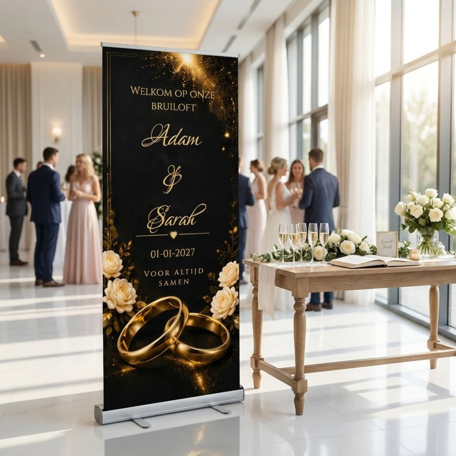 Golden Rose Rings Wedding Banner Golden Rose Rings Wedding Banner met Luxe zwarte en gouden roll-up trouwbanner met rozen, ringen en bewerkbare namen, datum en quote. Golden in een romantische trouwsetting met premium uitstraling