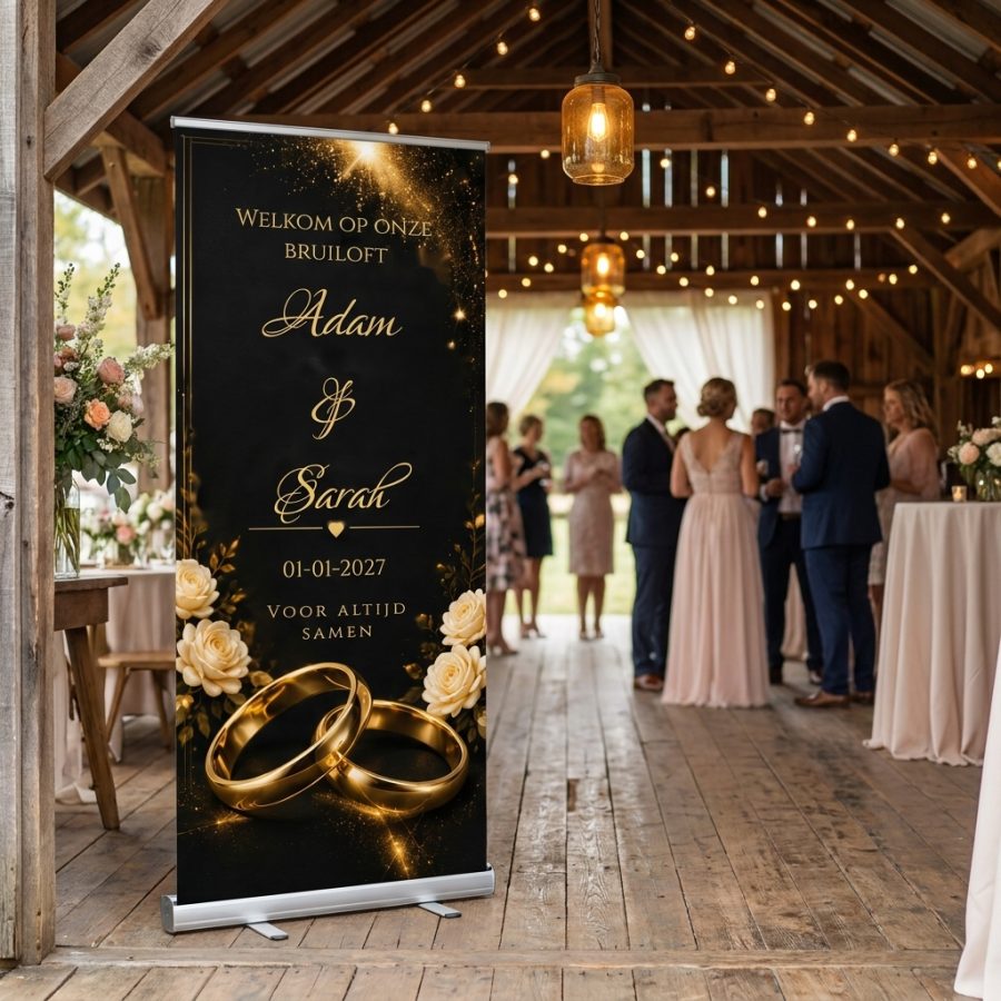 Golden Rose Rings Wedding Banner Golden Rose Rings Wedding Banner met Luxe zwarte en gouden roll-up trouwbanner met rozen, ringen en bewerkbare namen, datum en quote. Golden in een stijlvolle ontvangstruimte of feestlocatie