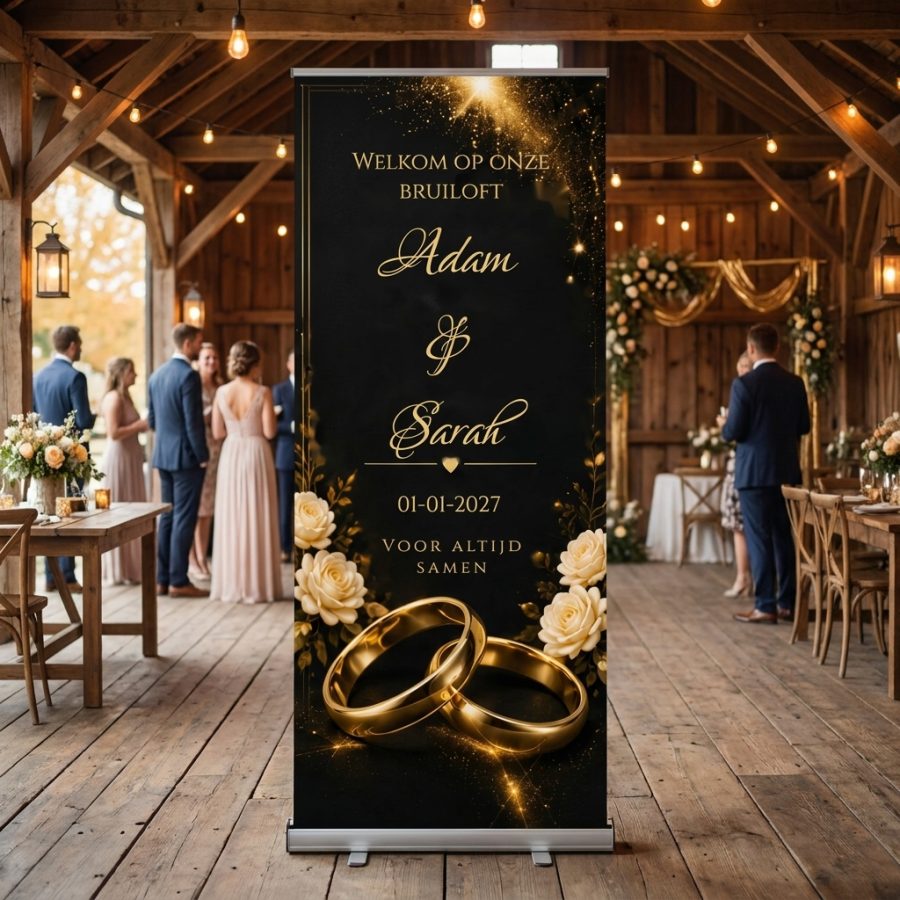 Golden Rose Rings Wedding Banner Golden Rose Rings Wedding Banner met Luxe zwarte en gouden roll-up trouwbanner met rozen, ringen en bewerkbare namen, datum en quote. Golden als uitgelichte productfoto in een realistische bruiloftssetting