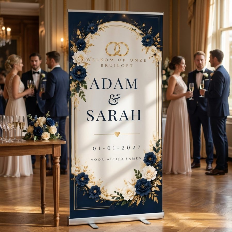 Midnight Navy Golden Floral Midnight Navy Golden Floral Welkomstbord Bruiloft met Luxe navy blauw en gouden roll-up trouwbanner met florale decoratie, bewerkbare namen, datum en quote. Een bij een ceremonie of ontvangst voor een bruiloft