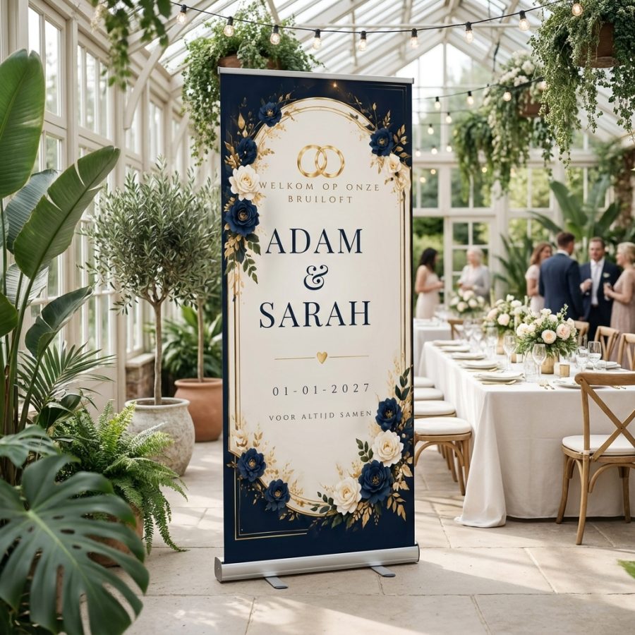 Midnight Navy Golden Floral Midnight Navy Golden Floral Welkomstbord Bruiloft met Luxe navy blauw en gouden roll-up trouwbanner met florale decoratie, bewerkbare namen, datum en quote. Een in een romantische trouwsetting met premium uitstraling